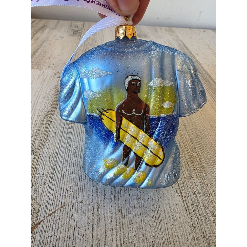 Blue surfer glass ornament remember Xmas tree Beach Hawaiian‎